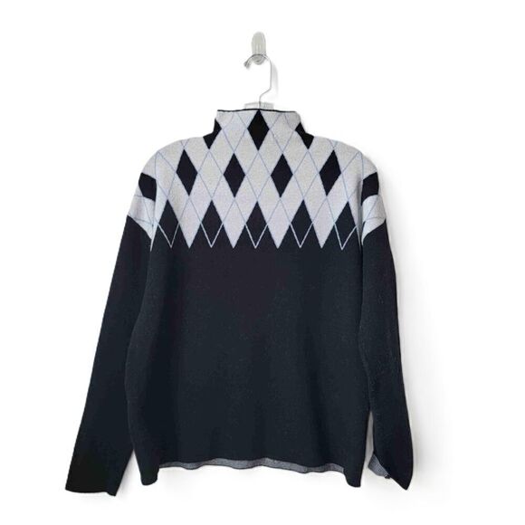 TAHARI Argyle Pattern Long Sleeve High Neck Pullover Sweater Black White Medium - Picture 6 of 6